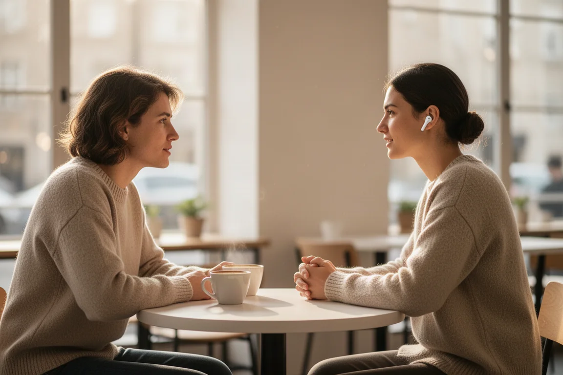 Person pausing a podcast to chat with a friend in a bright coffee shop