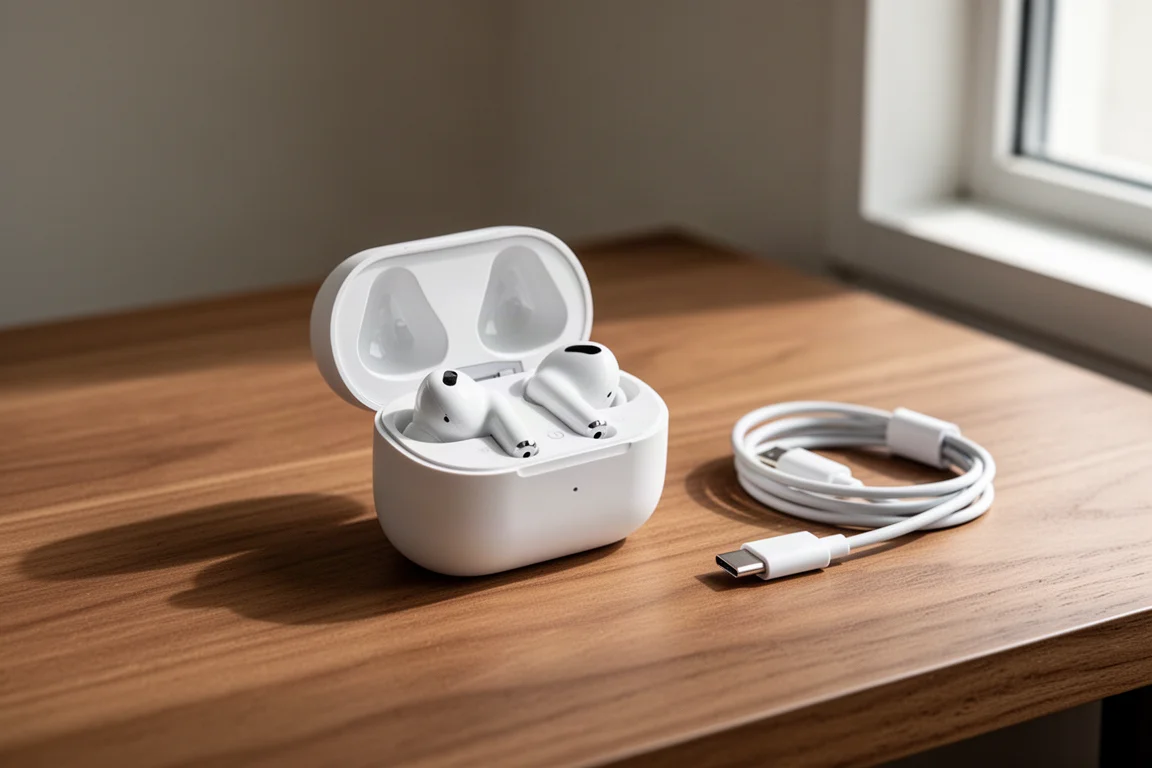 Earbuds in an open charging case beside a USB-C cable on a wooden desk