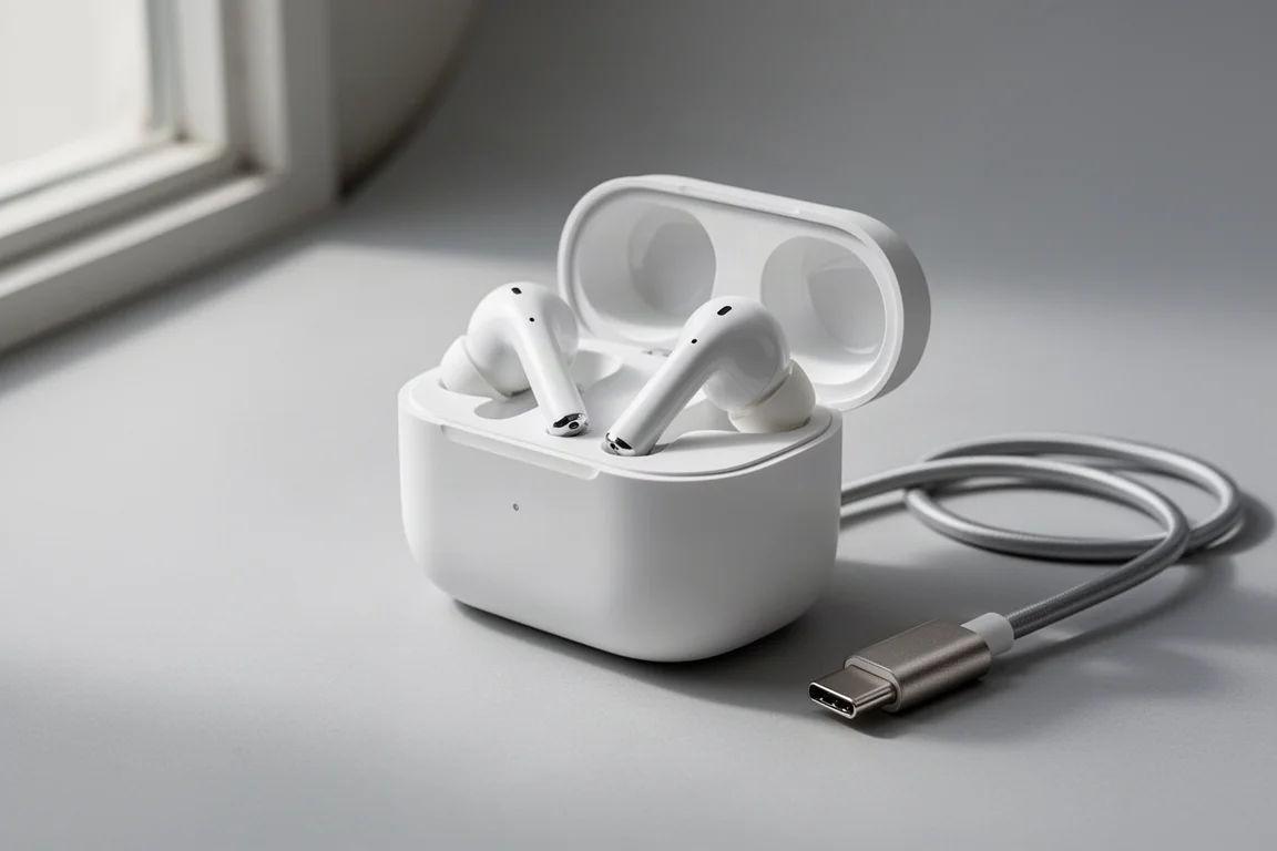 White wireless earbuds resting on an open charging case next to a USB-C cable