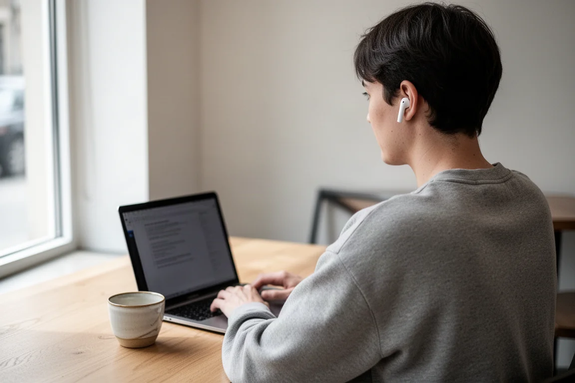 Personne assise à une table de café avec un ordinateur portable, portant de petits écouteurs sans fil blancs