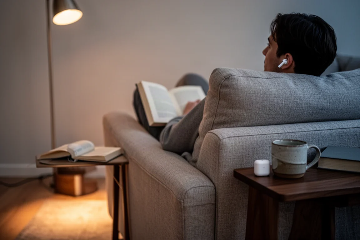 Personne se relaxant dans un fauteuil chez elle, portant de petits écouteurs blancs