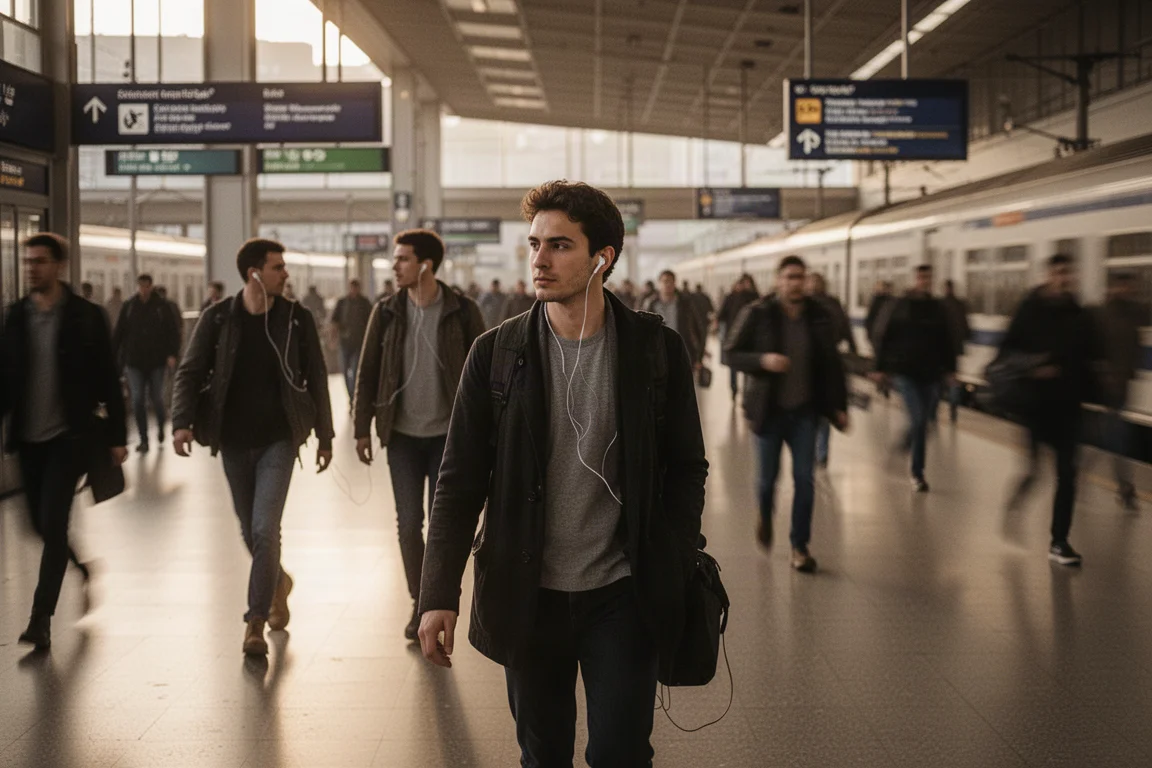 Navetteurs marchant dans le hall d'une gare avec des écouteurs intra-auriculaires