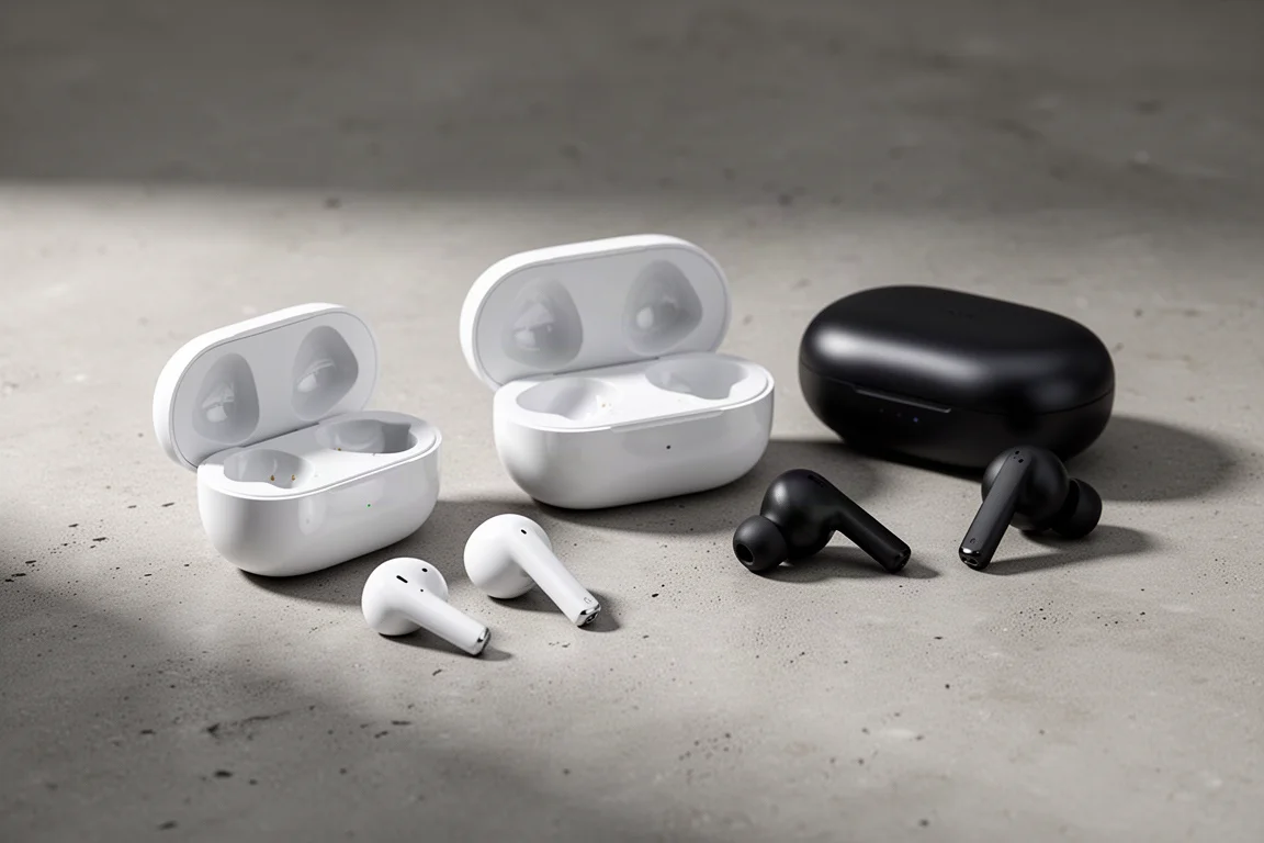 Three pairs of true wireless earbuds and their charging cases on a concrete surface