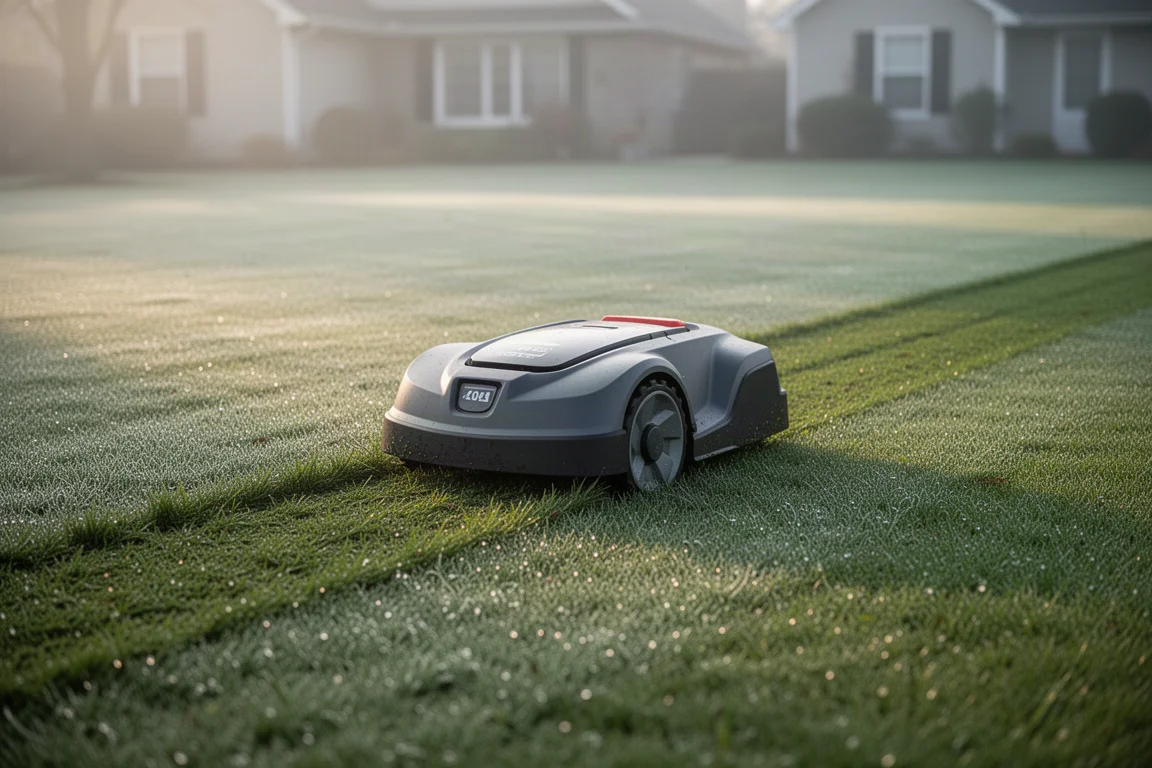 Robotmaaier maait het gazon en laat nette banen achter