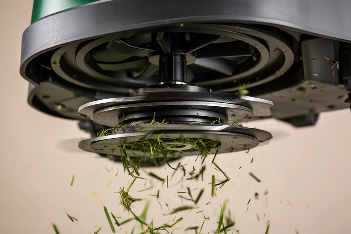 Onderaanzicht van een robotmaaier met messchijf en luchtvloeipropeller