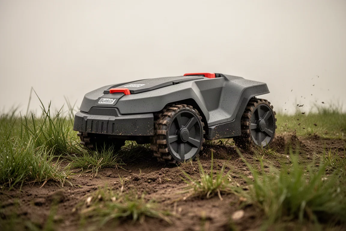 Robotmaaier klimt over ruw terrein en een lage stoeprand