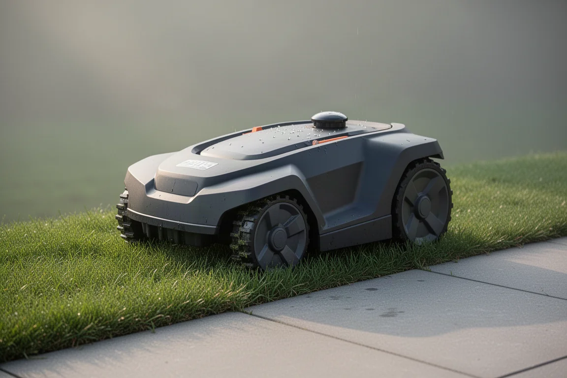 Compacte donkergrijze robotmaaier op een gazonrand naast beton