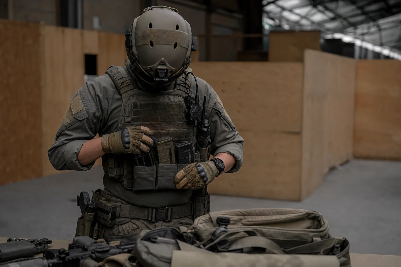 Airsoft player in tactical gear preparing equipment before a game