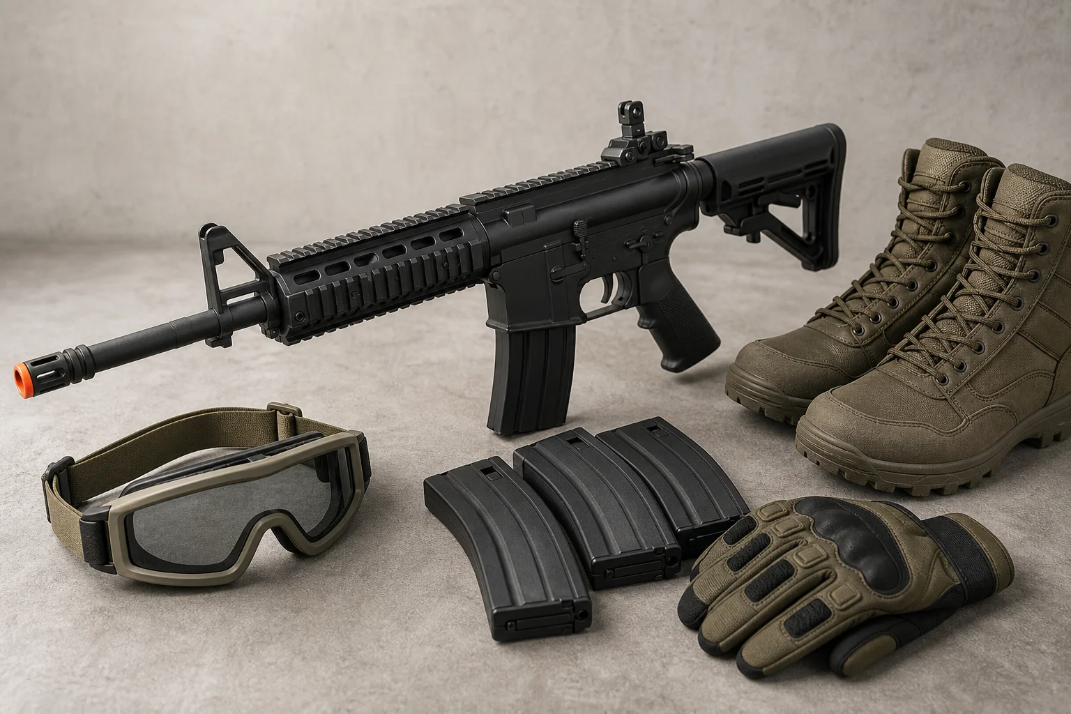 Airsoft-utrustning för nybörjare utlagd på betong, inklusive gevär, skyddsglasögon, magasin, handskar och kängor