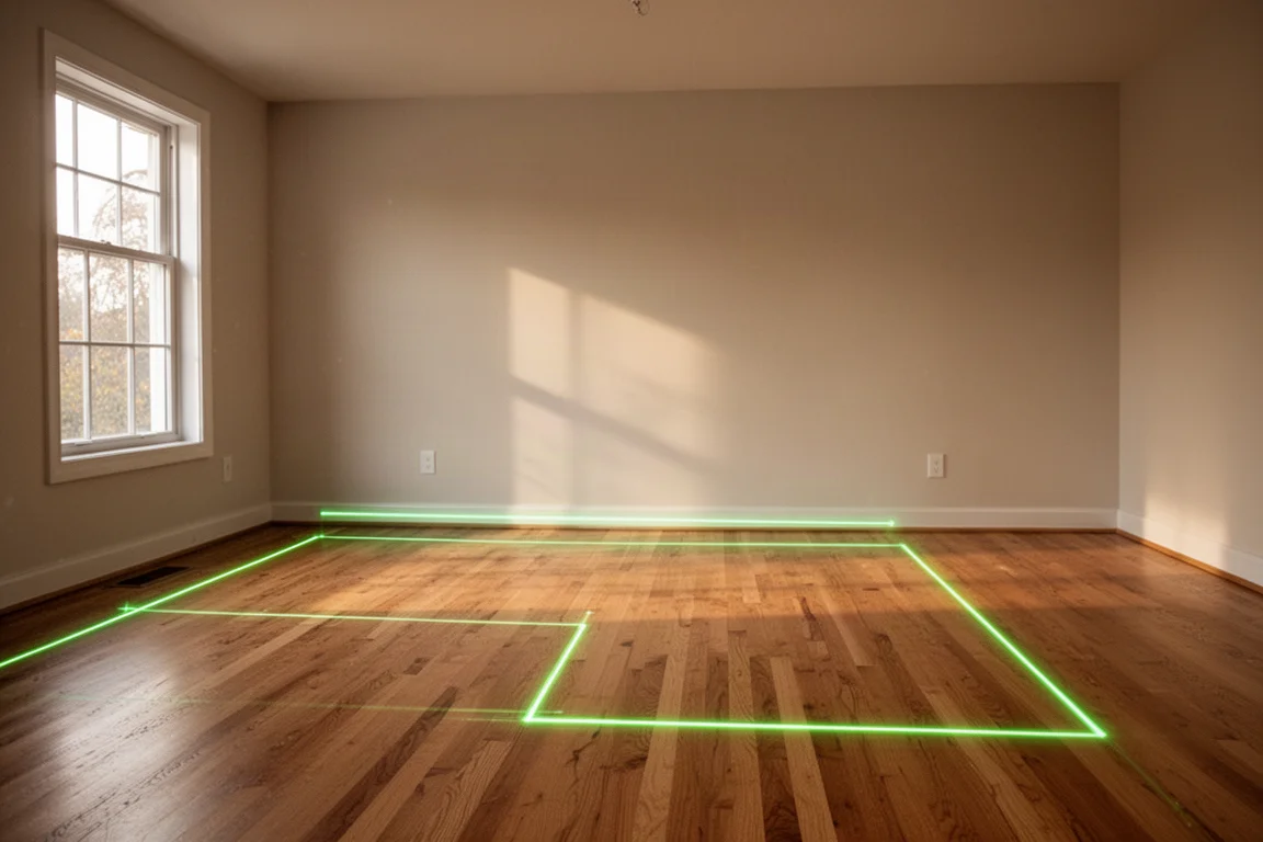 Groene laserlijn over de vloer van een woonkamer waar een bank geplaatst zou worden