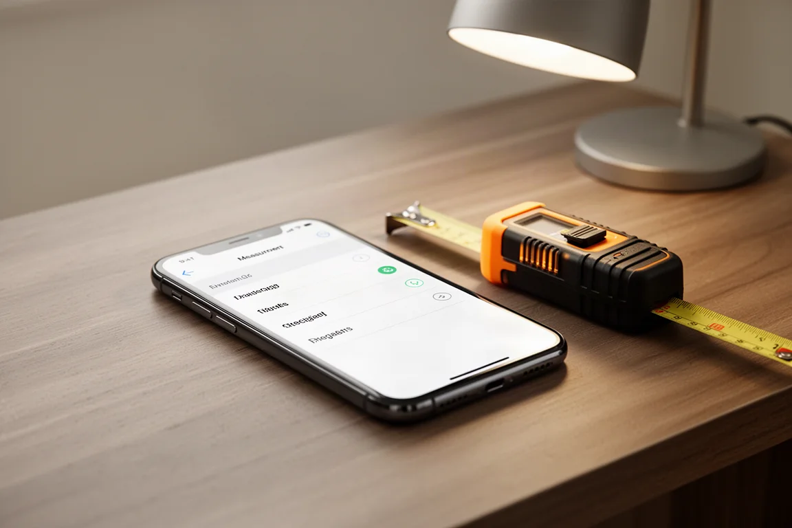 Smartphone-appscherm met een lijst opgeslagen metingen naast een meetgereedschap