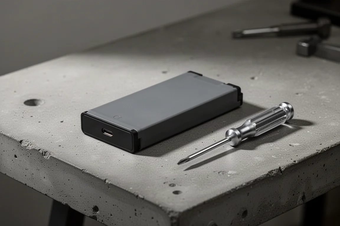 Verwijderbare lithium-accupack met een klein schroevendraaier-tool op een werkbank