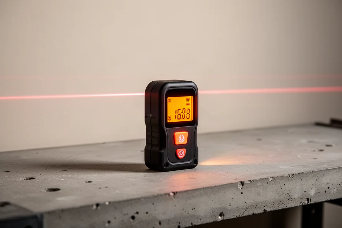 AIT DTX1 laser tape measure on a concrete workbench with a laser line on the wall behind