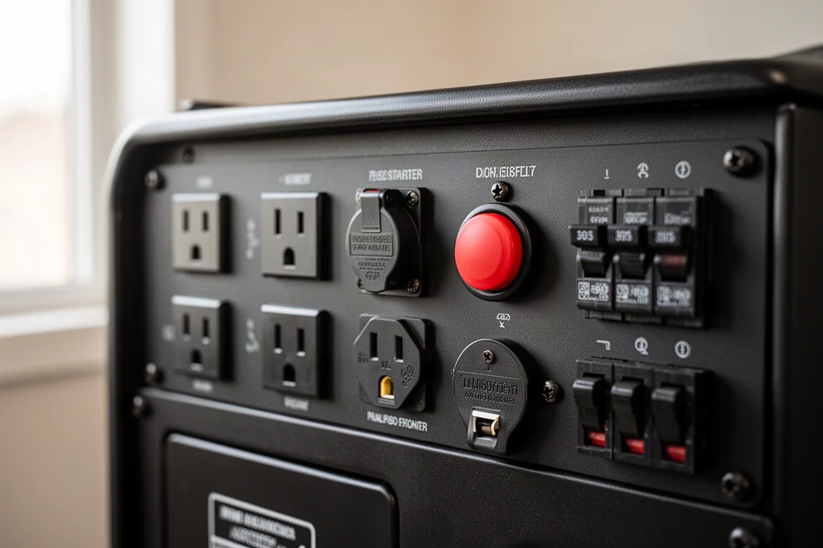 Close-up van een generatorbedieningspaneel met stopcontacten en stroomonderbrekers