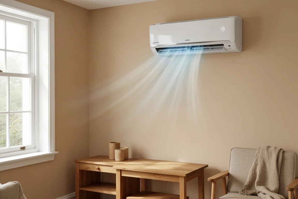 Aan de muur gemonteerde mini-split airconditioner in een kleine knusse kamer