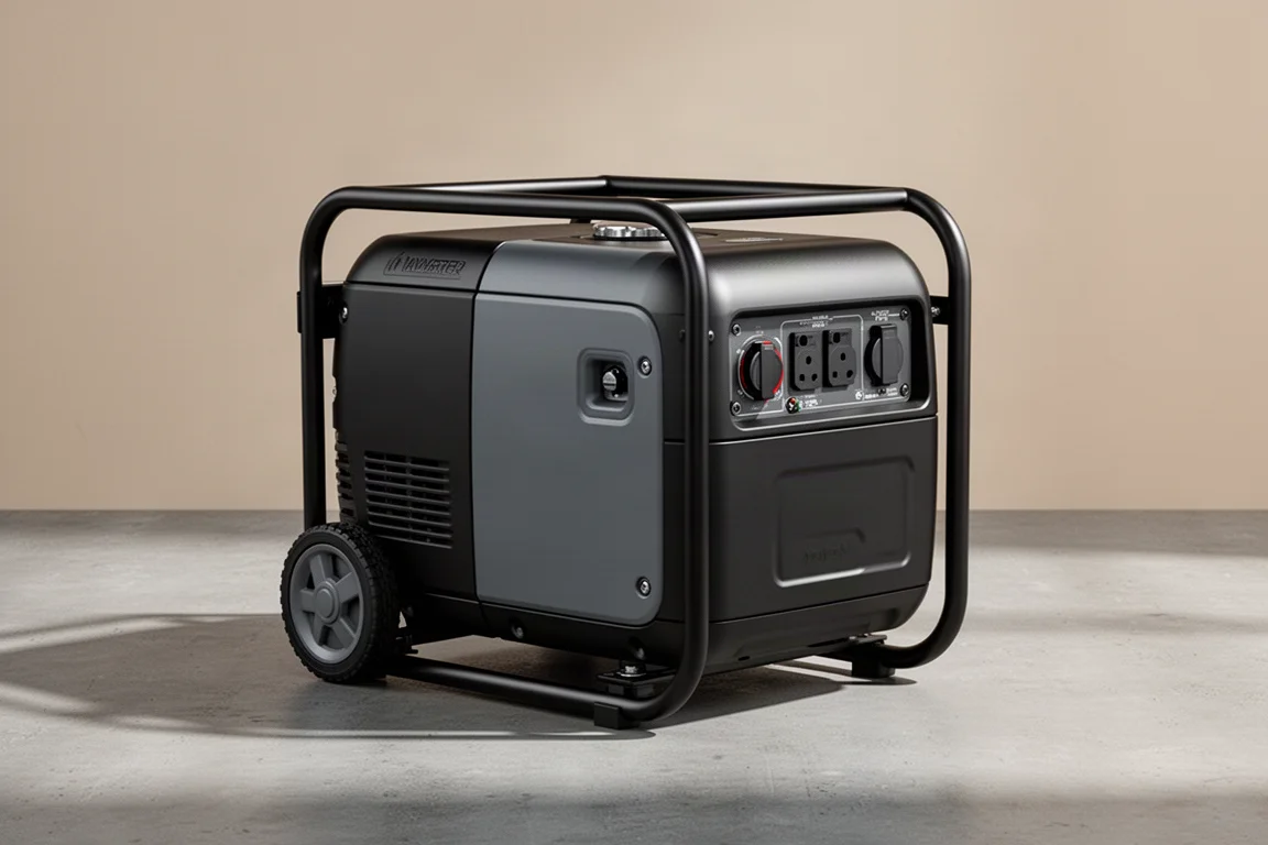 Fully enclosed matte black portable inverter generator on a concrete surface
