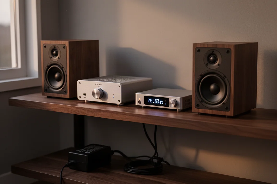 Setup de hi-fi compacto de mesa com pequeno amplificador, DAC e caixas bookshelf em prateleira de nogueira
