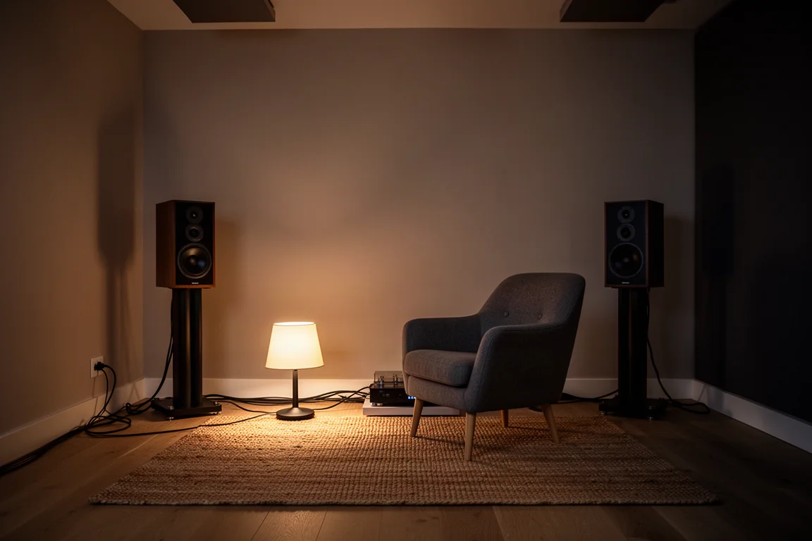 Sala de audição silenciosa à noite com caixas em suportes, poltrona e luz de abajur quente
