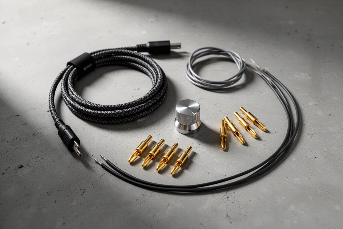 Vista de cima de cabos de hi-fi, plugs banana e um botão de volume metálico sobre concreto