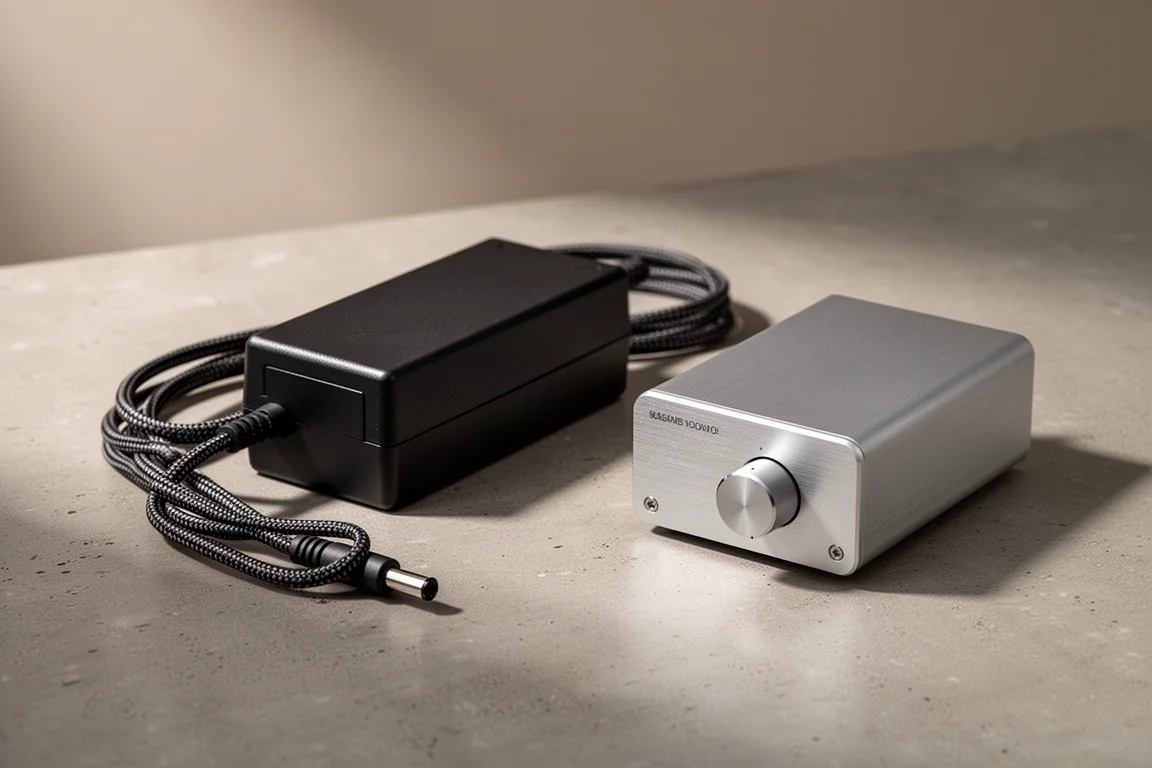 Black power supply brick beside a small aluminium class D amplifier on a concrete surface