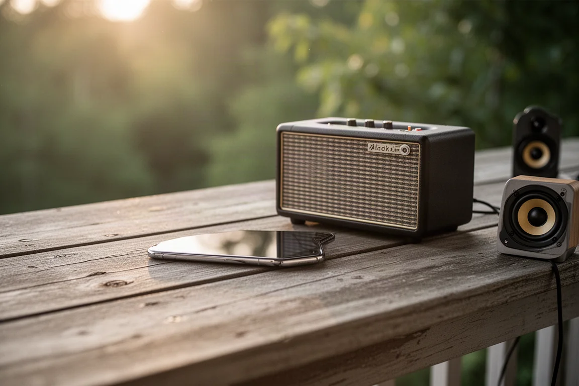 木製のポーチテーブルでコンパクトアンプの横でスマホから音楽をストリーミング