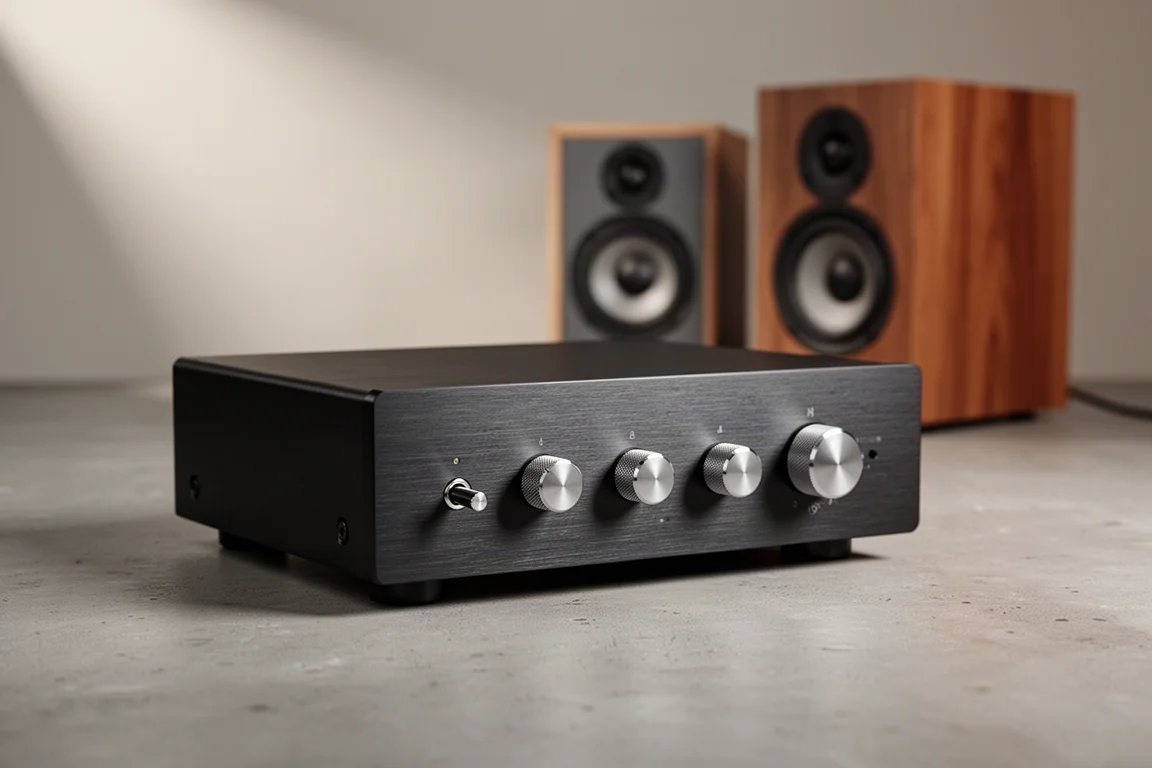 Compact dark stereo amplifier with four metal knobs on a concrete surface