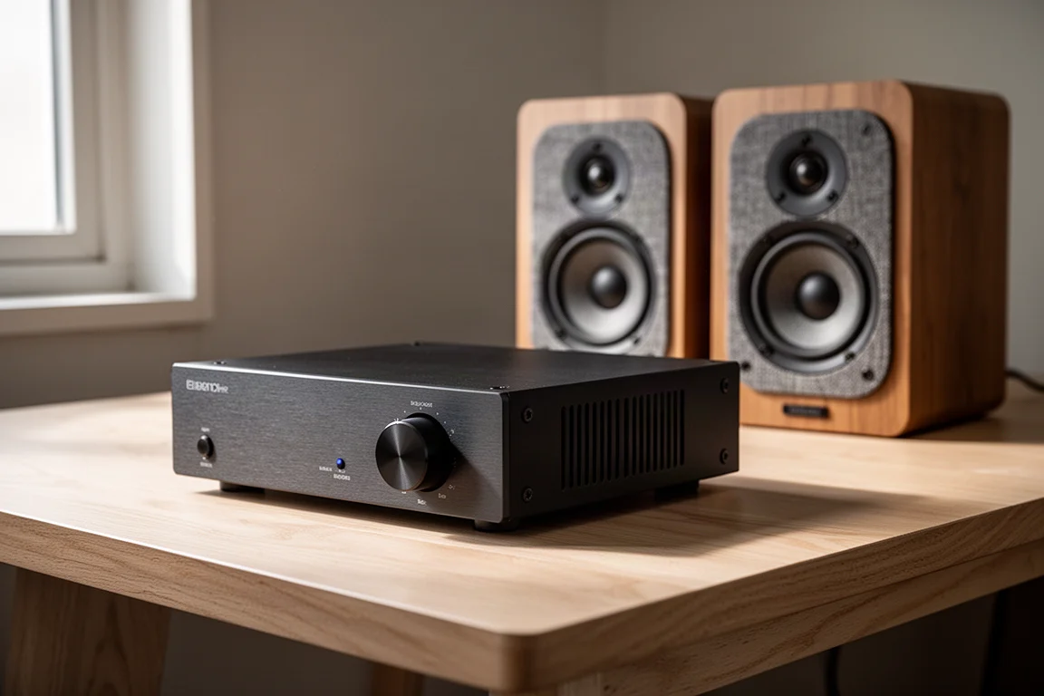 Compact desktop amplifier with brushed aluminium front and volume knob on a concrete surface
