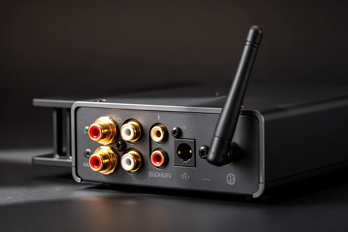 Primo piano del pannello posteriore con terminali per diffusori, prese RCA e antenna Bluetooth su un amplificatore desktop