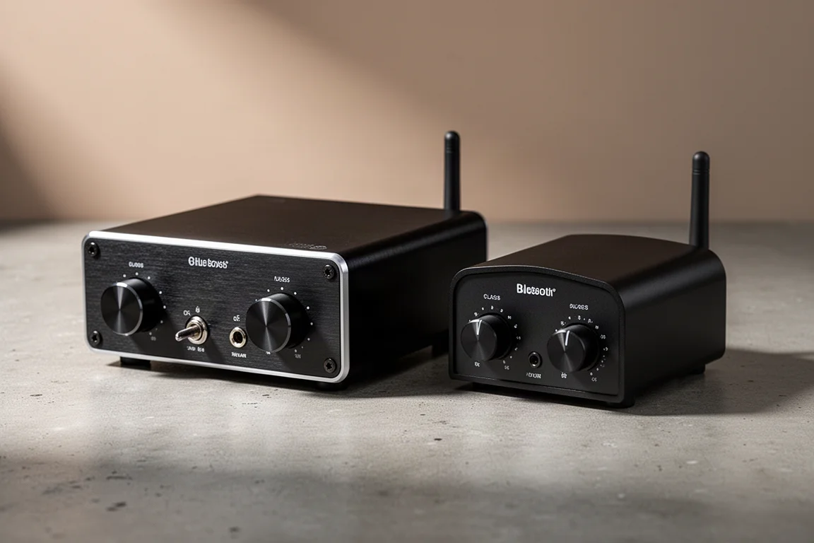 Two compact desktop Class D amplifiers side by side on a matte concrete surface