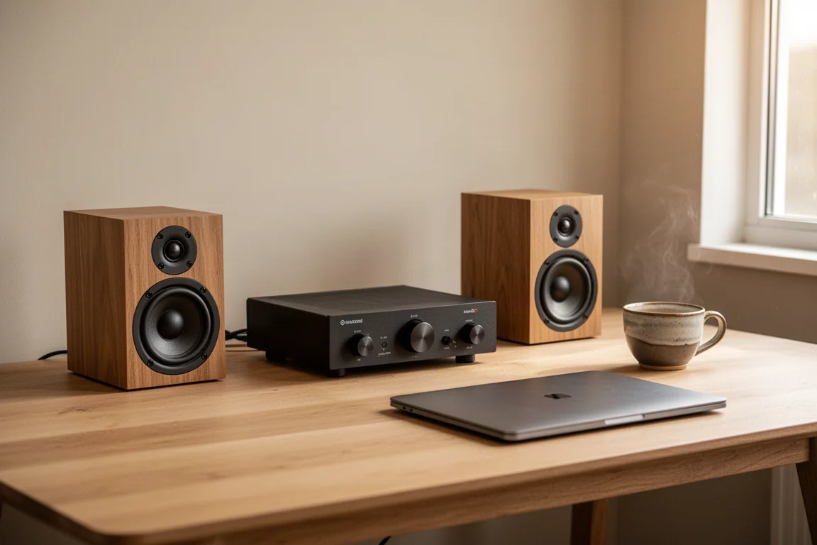 Liten hi-fi-inställning på skrivbordet med förstärkare, bokhyllehögtalare och kaffekopp