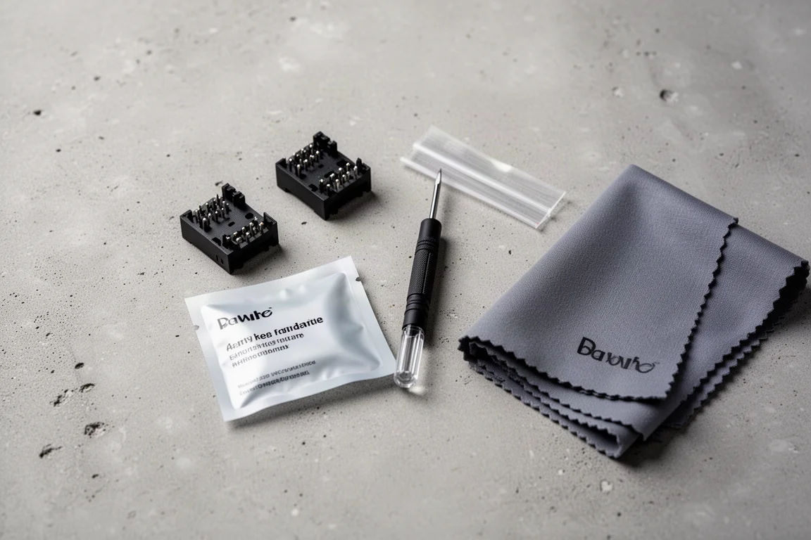 Flat-lay av ljuduppgraderingsdelar inklusive sockelförhöjare och en skruvmejsel