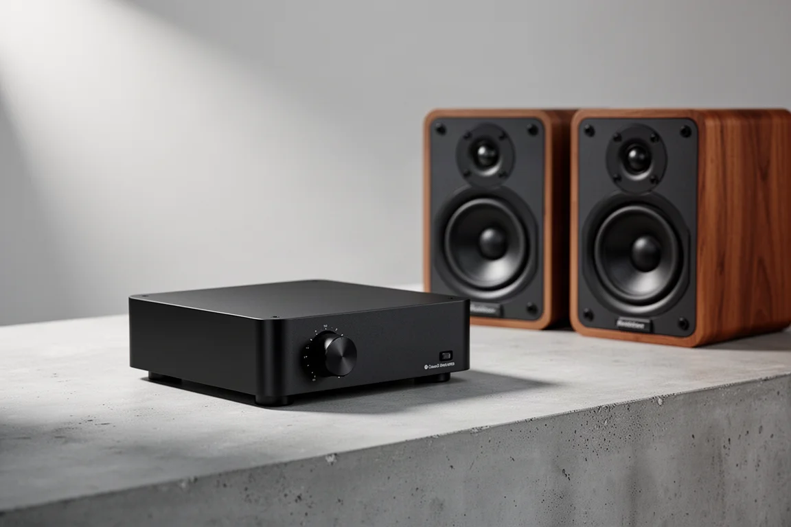 Compact black stereo amplifier with bookshelf speakers on a concrete surface