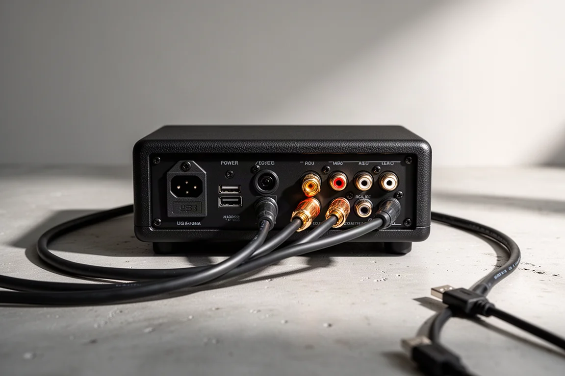 紧凑型放大器背板,已连接音箱线与 USB 线