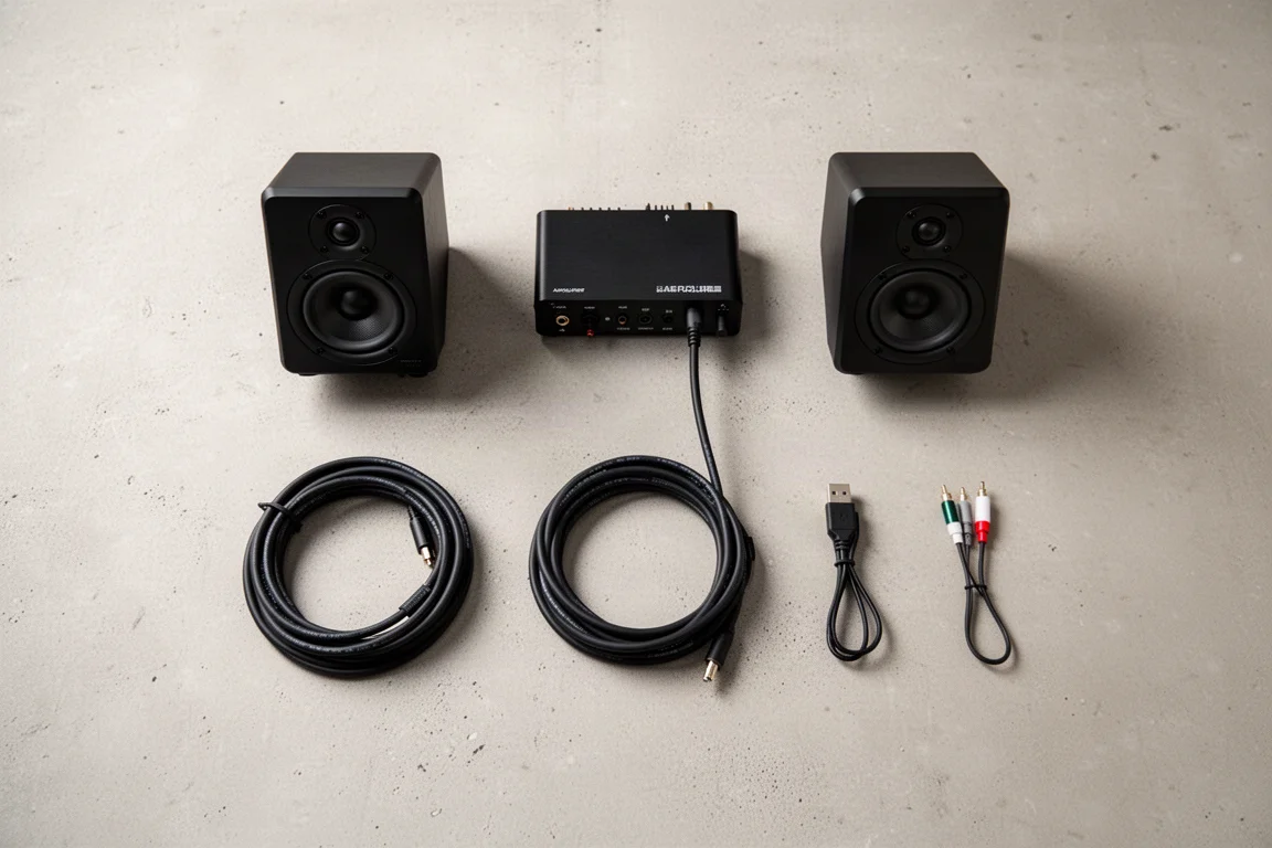 俯拍平铺的平价 hi-fi 系统,包含放大器、音箱与线材