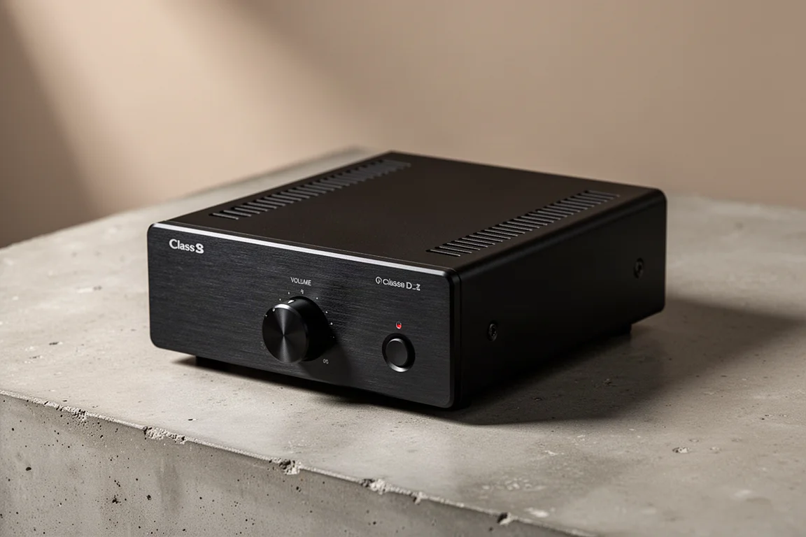 Compact black Class D amplifier with front volume knob on a concrete surface
