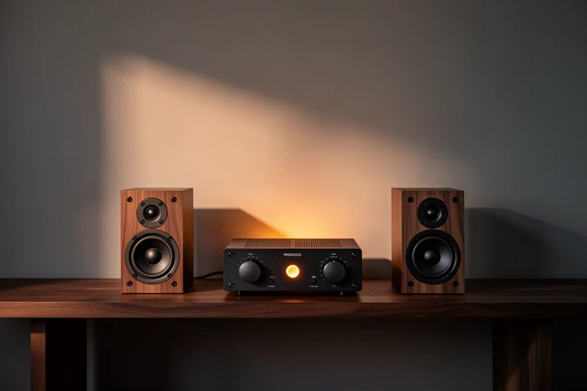 Amplificatore compatto e diffusori da scaffale su un ripiano in legno nella calda luce serale