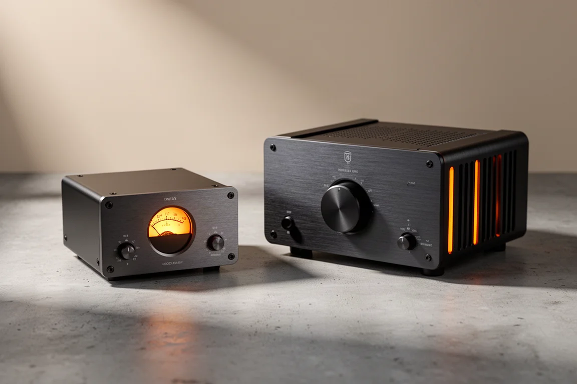 Two compact class D desktop amplifiers on a matte concrete surface