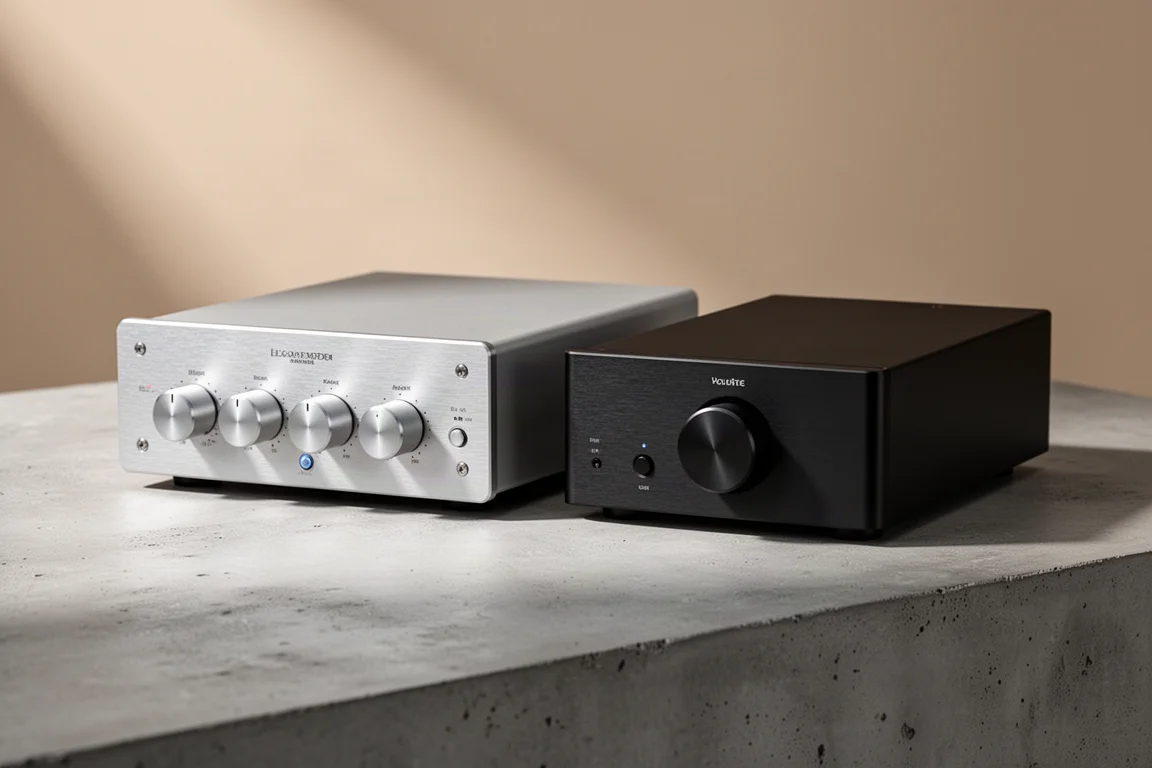 Two compact class D amplifiers side by side on a concrete surface