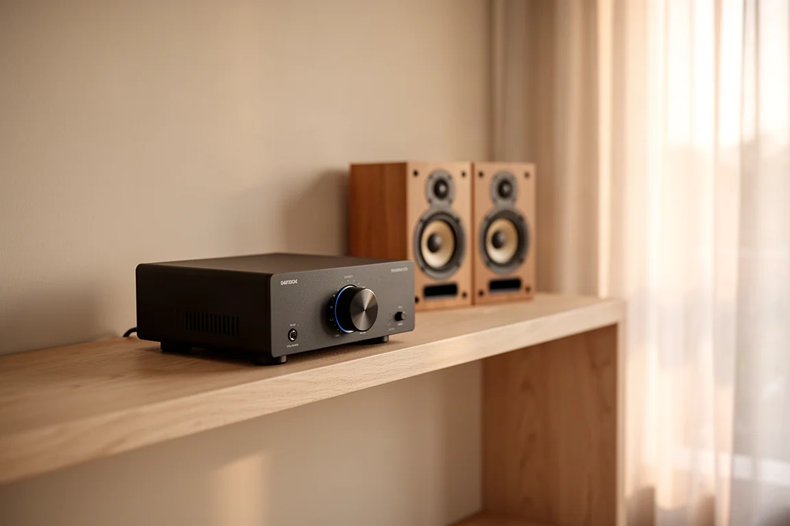 Amplificateur compact et enceintes bibliothèque disposés sur un bureau en bois