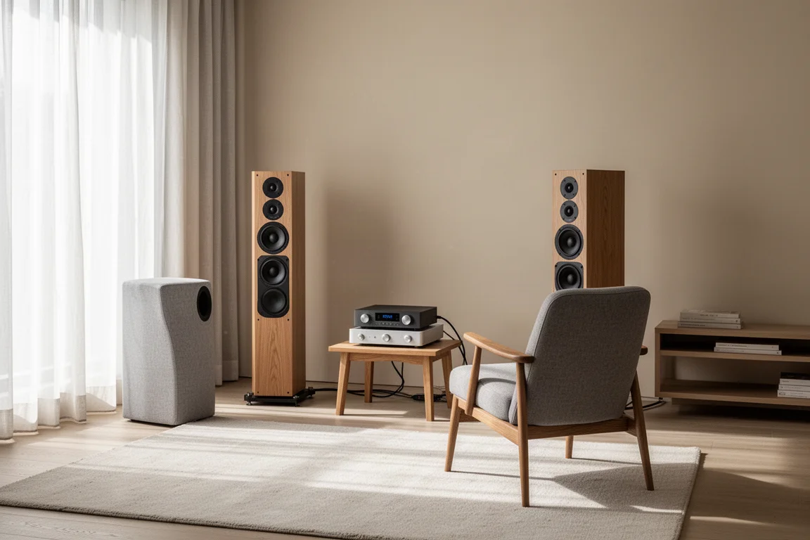 Bornes d'enceintes et câble de caisson de basses sur la face arrière d'un amplificateur compact