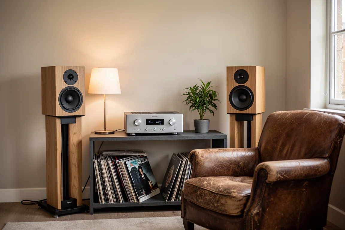 Système hi-fi deux canaux compact sur une étagère dans une lumière chaude de soirée