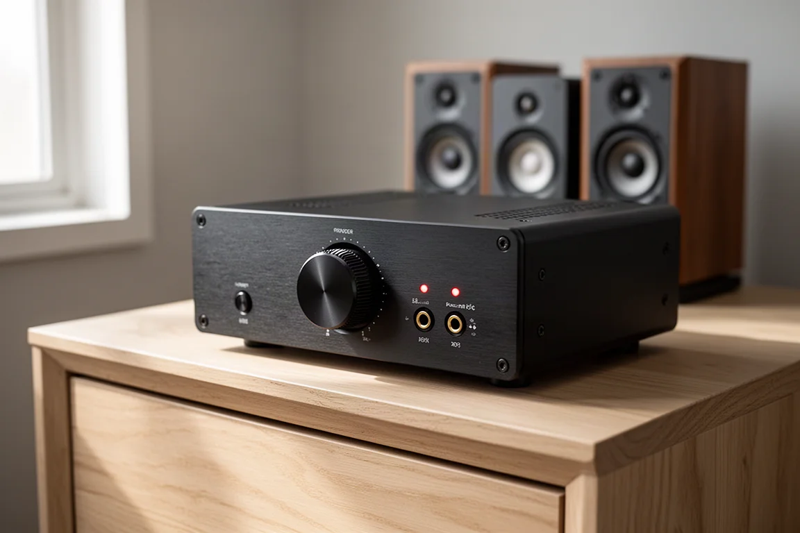 Compact black stereo amplifier with a single front volume knob beside a small power supply