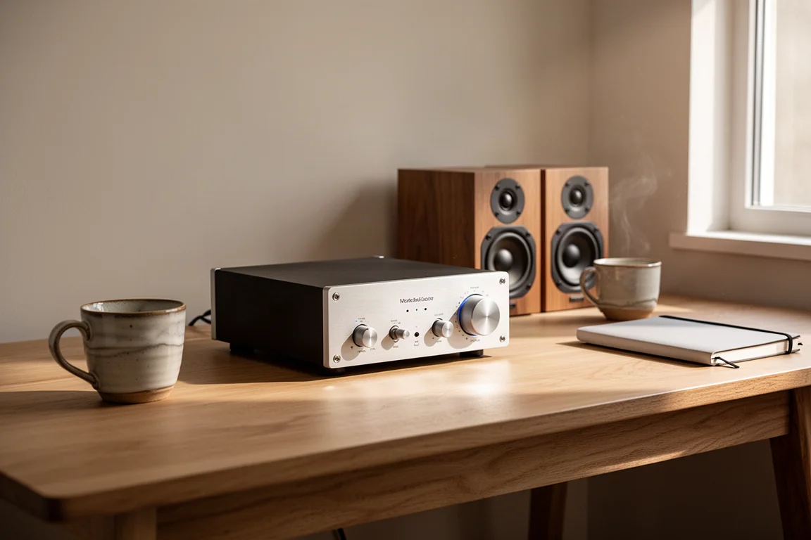 Compact desktop amplifier on an oak desk beside small bookshelf speakers and a coffee cup