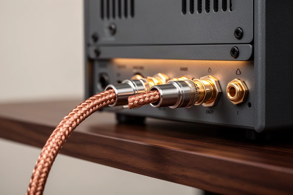 Close-up of braided speaker cable connected to metal binding posts on an amplifier