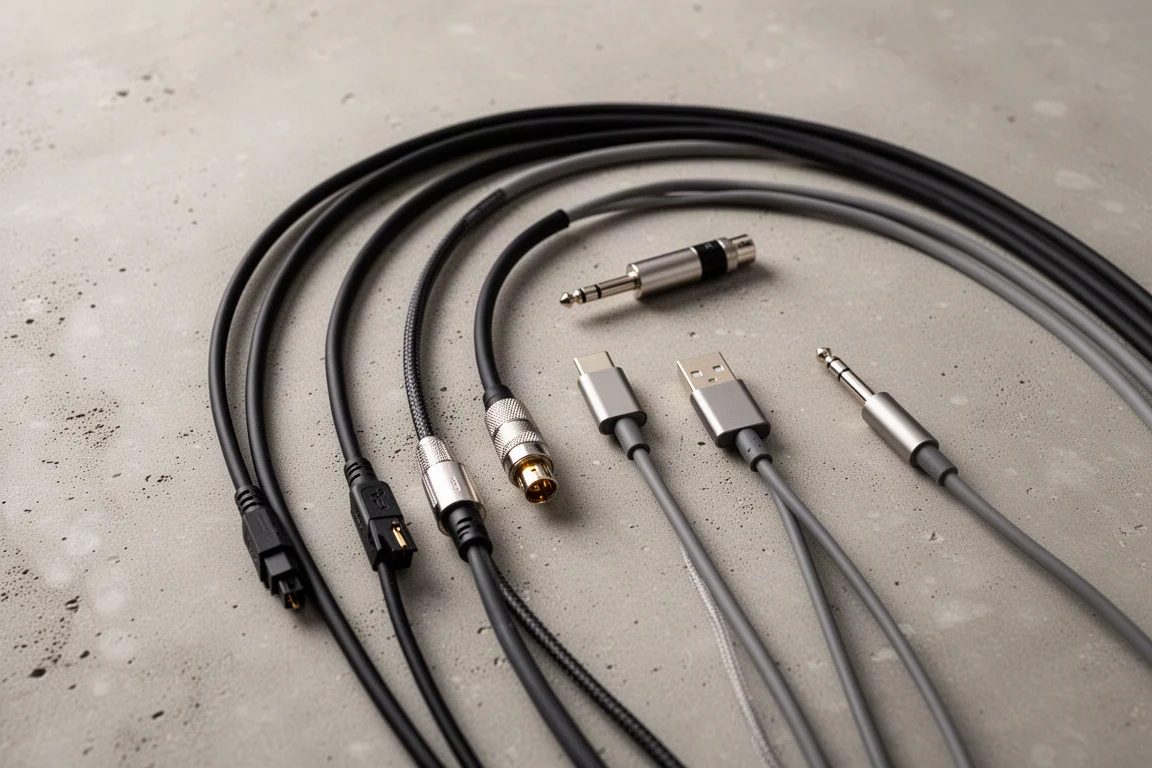 Overhead flat lay of optical, coaxial, USB-C, and jack audio cables on concrete