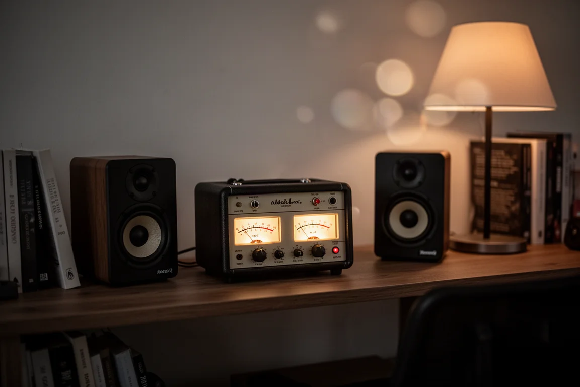 Evening desk with a glowing amplifier display and compact bookshelf speakers in dim light