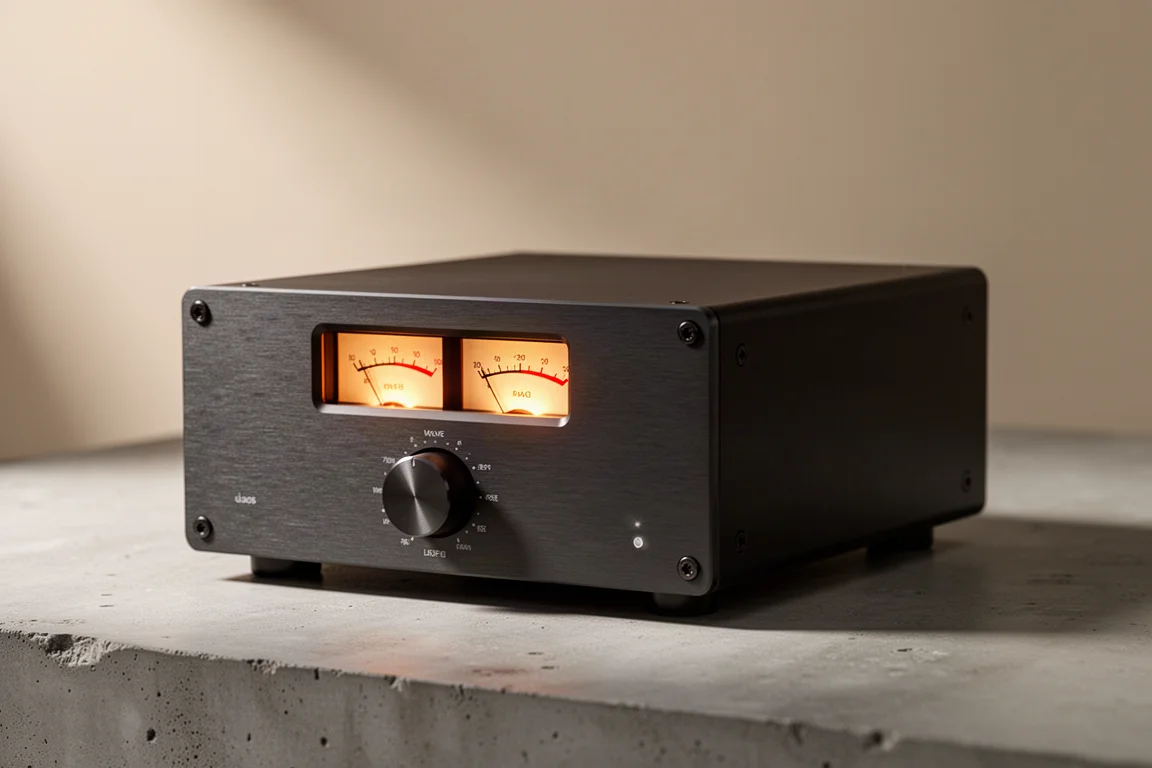Compact dark class D amplifier with a glowing VU meter display on a concrete surface