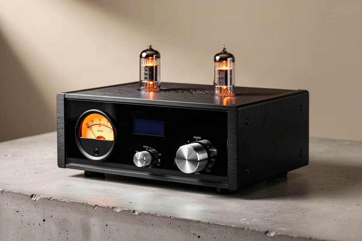 Compact desktop amplifier with analog VU meter, digital readout and glowing tubes on top