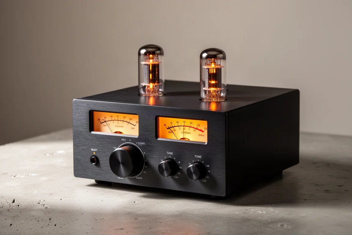 Compact desktop amplifier with two glowing tubes, an analog VU meter and metal knobs