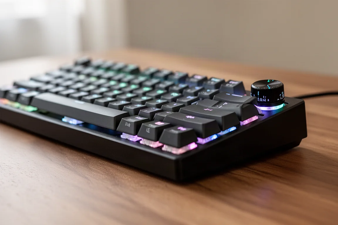 Primo piano di una tastiera meccanica economica con manopola rotativa e retroilluminazione RGB